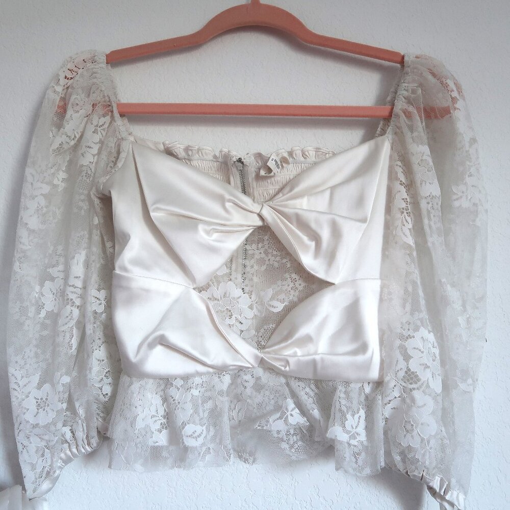 For Love and Lemons White Lace Bow Puff Sleeve Blouse Top Size Small